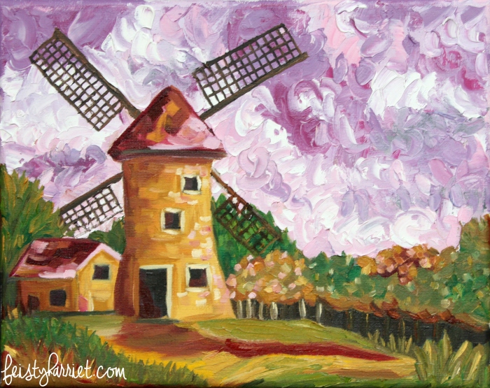 Oil painting_windmill with purple sky_feistyharriet_2016